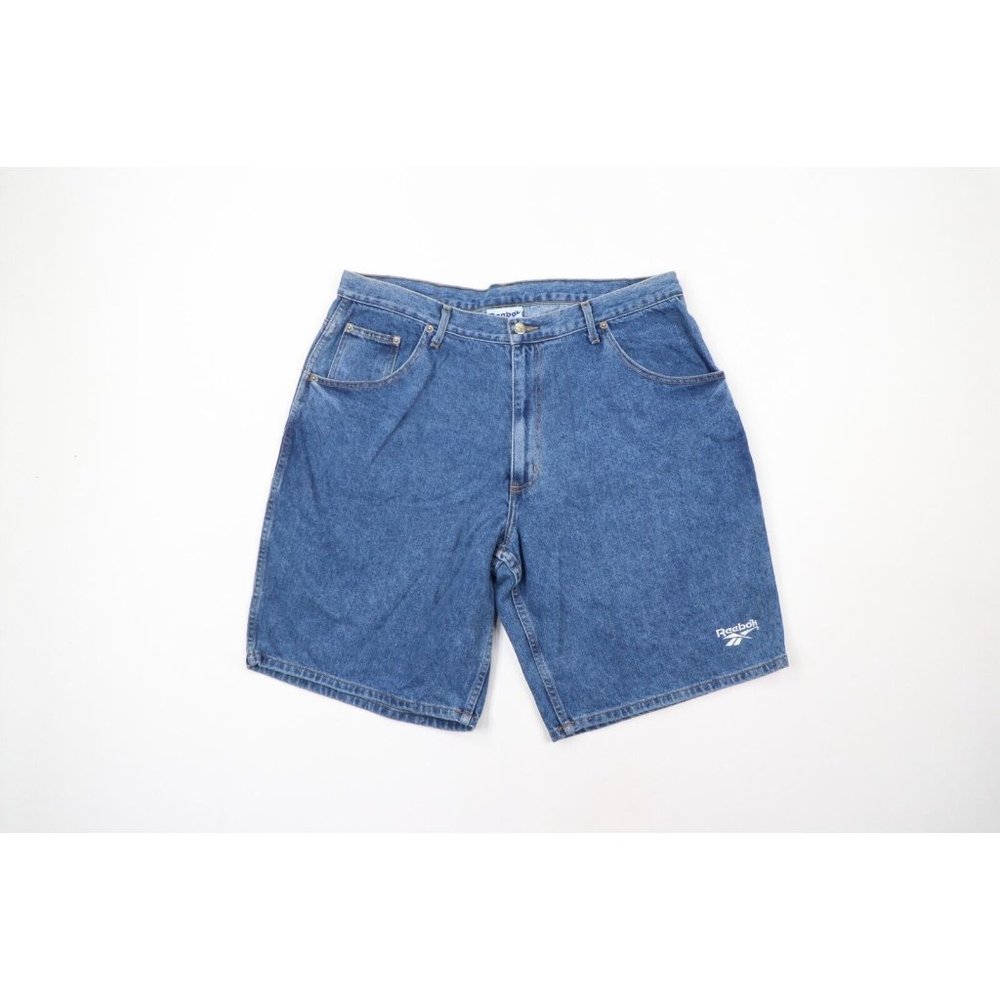 Vintage 90s Reebok Mens 40 Distressed Spell Out Baggy Denim Jean Shorts Blue USA